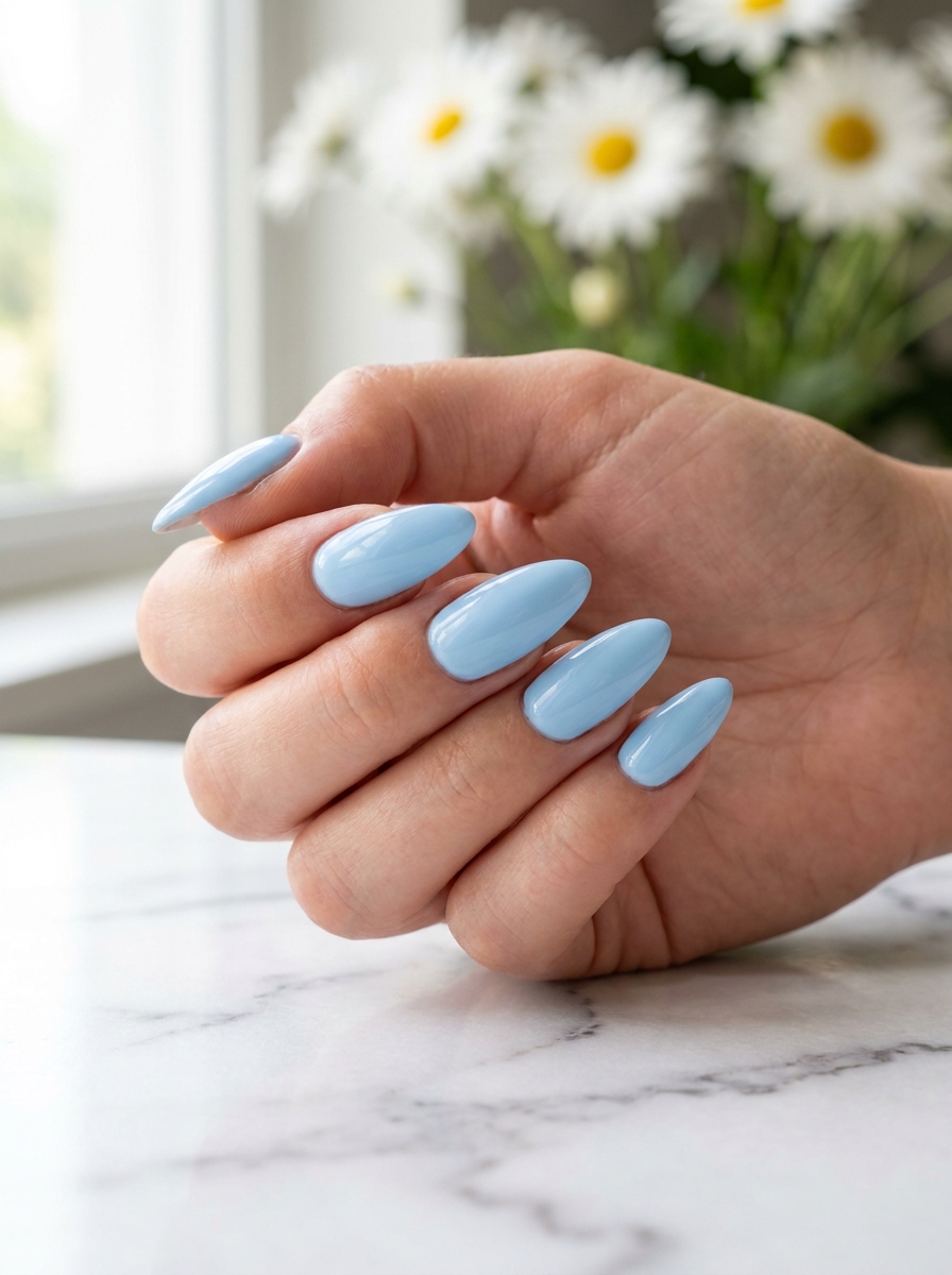 Baby blue almond nail design