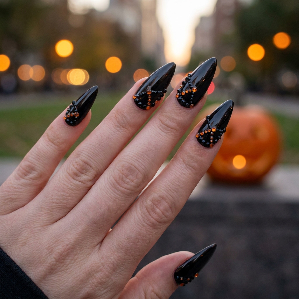 Nude almond nails with orange and black bat French tips under warm fairy lights