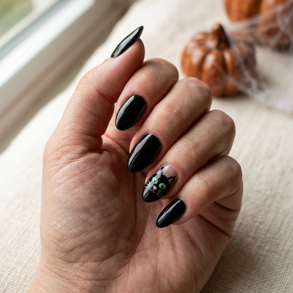 Glossy black almond nails with a green-eyed black cat painted on one accent nail