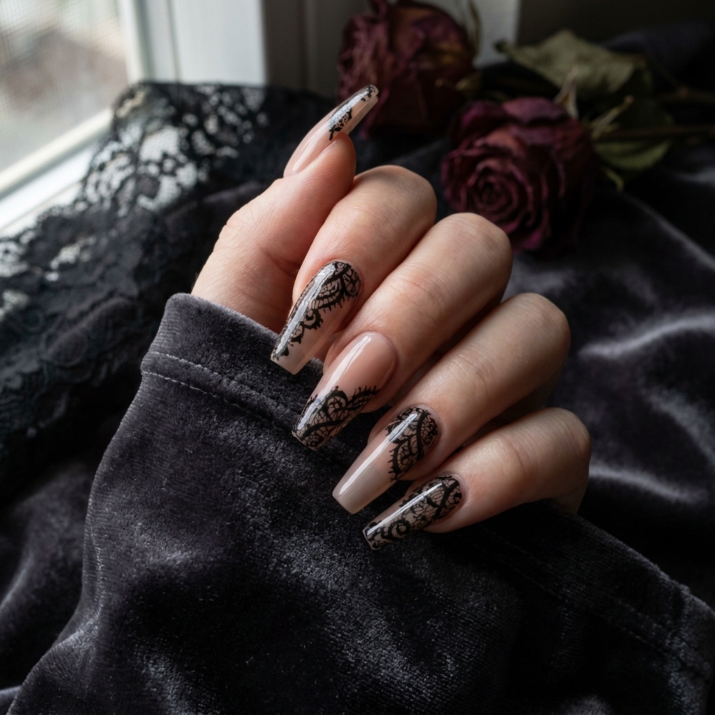 Long coffin nails with black lace floral stamping over a nude base