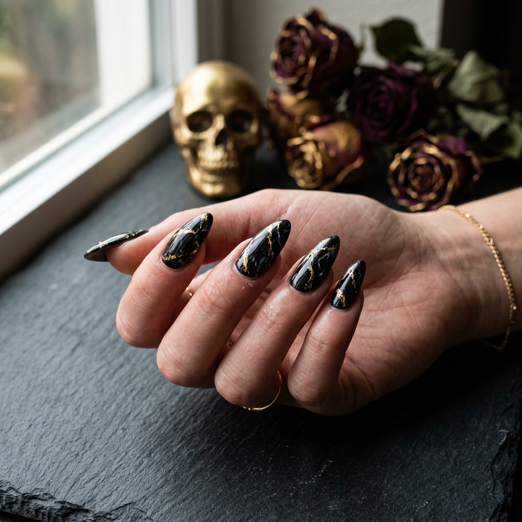 Black stiletto nails with gold marble veins running through them