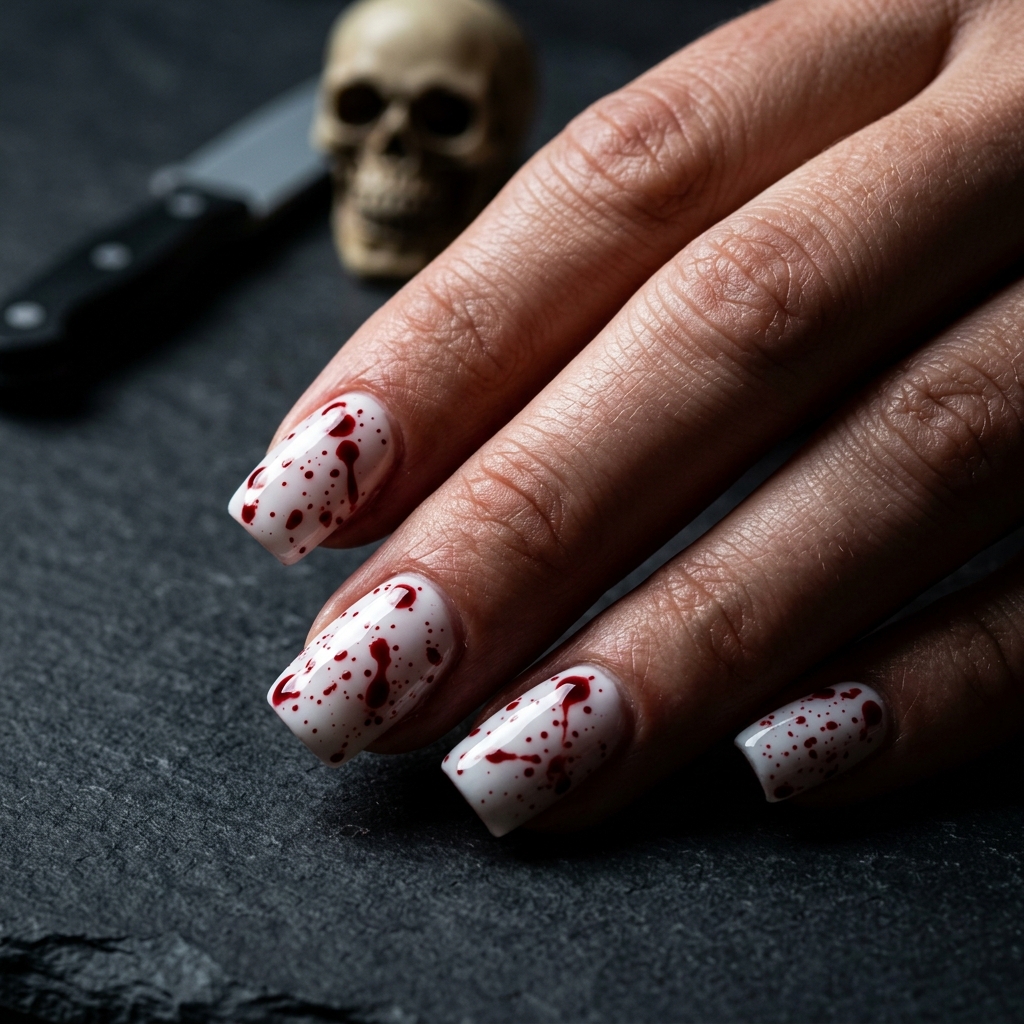 White square nails flecked with dark red blood splatter