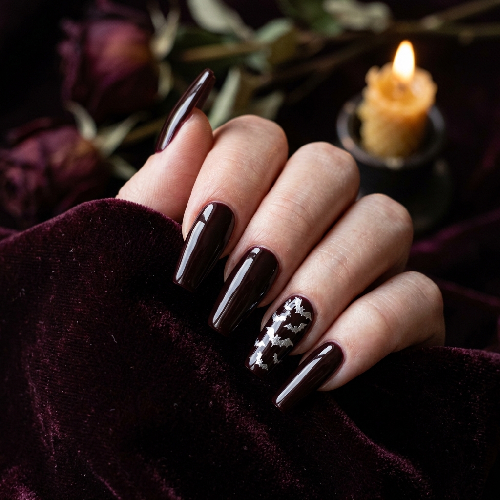 Long burgundy nails with a silver foil bat cluster on one accent nail
