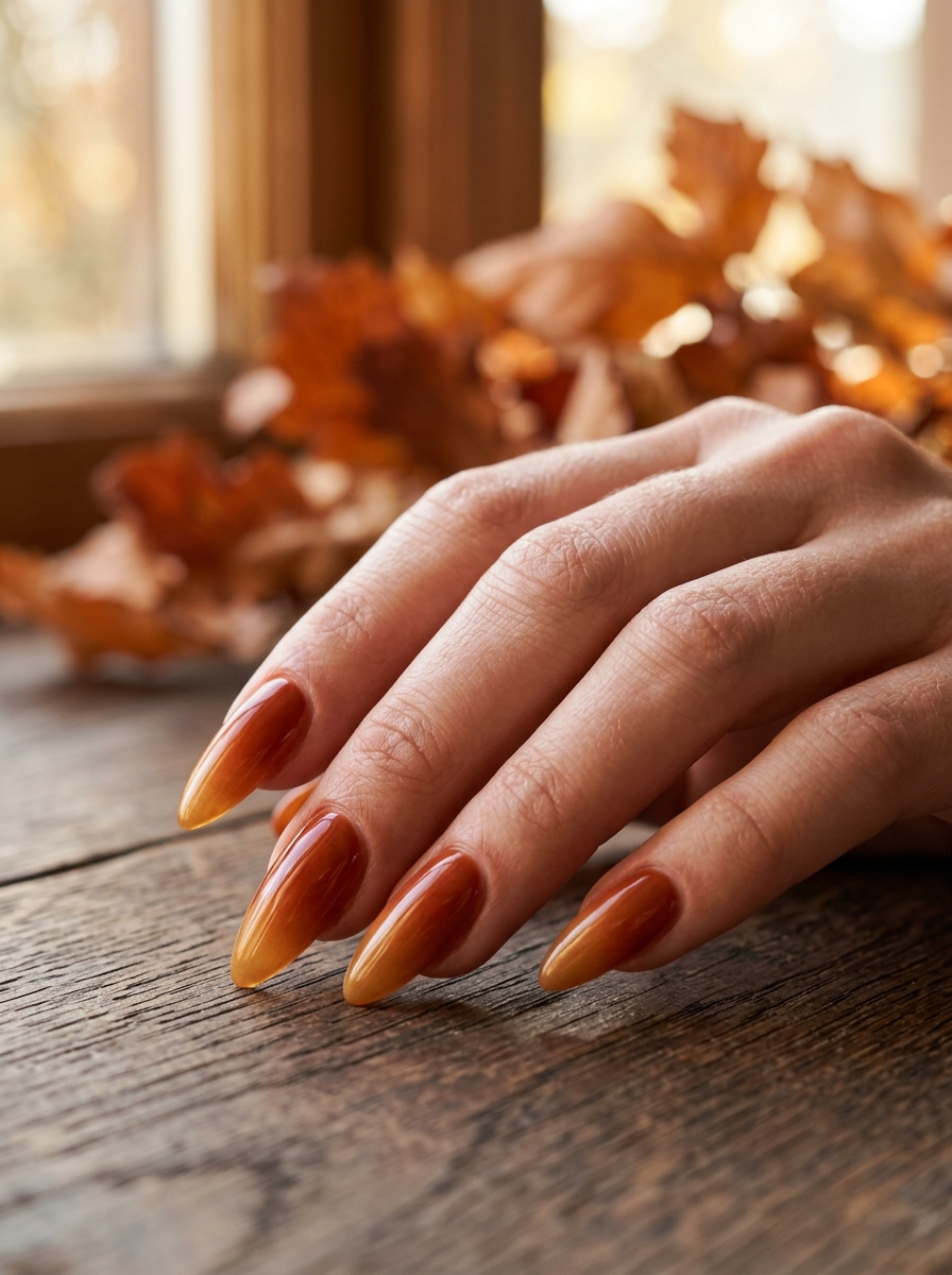 Burnt orange autumn ombré almond nail design