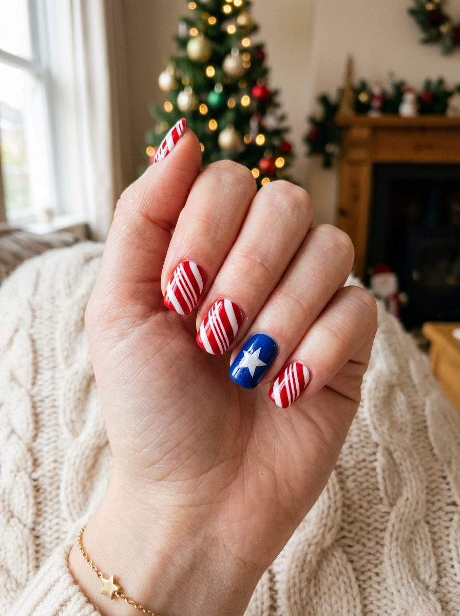 Candy-Cane Stripes with a Blue Star Accent - 4th of July Nail Ideas