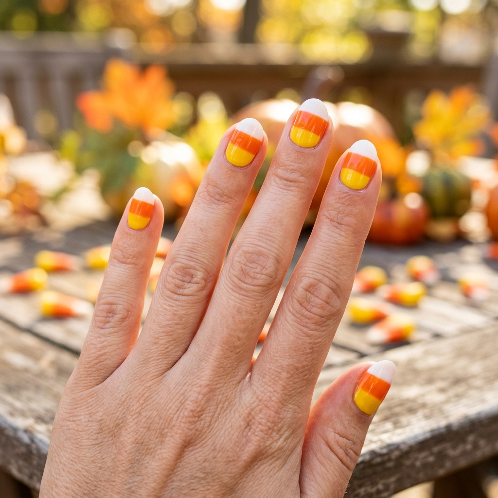 Short nails with a candy corn colour-block French tip in white, orange and yellow