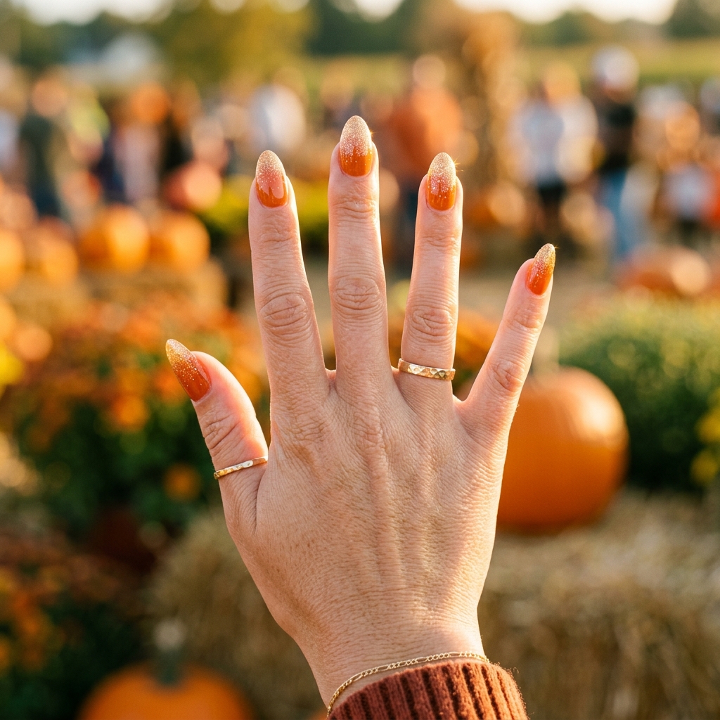 Almond nails with a candy corn glitter ombre in yellow, orange and white
