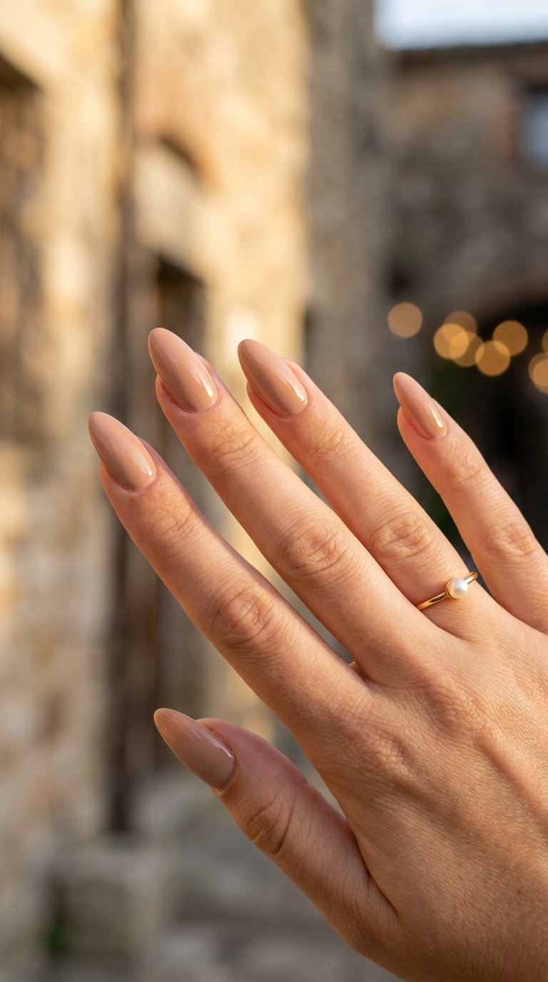 Caramel nude almond nail design