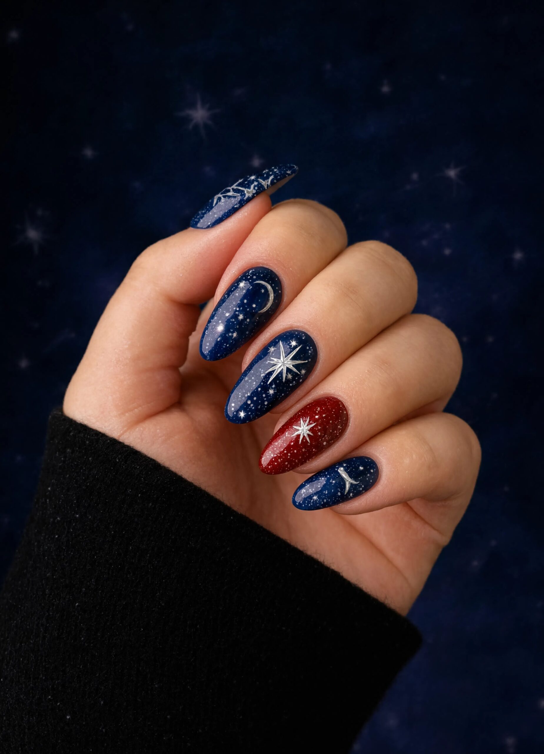 Celestial navy with a red sparkle accent - July Nail Designs