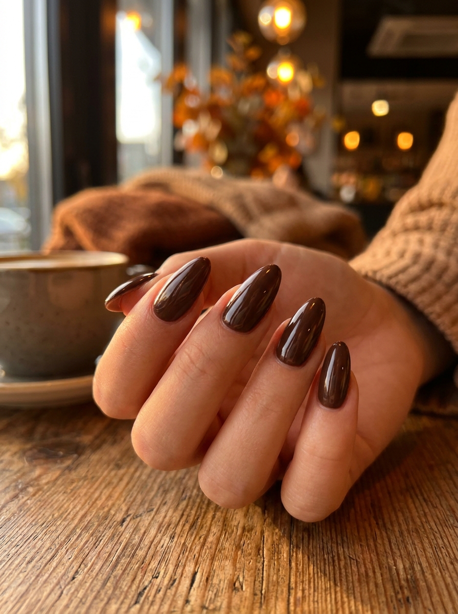 Chocolate brown almond nail design