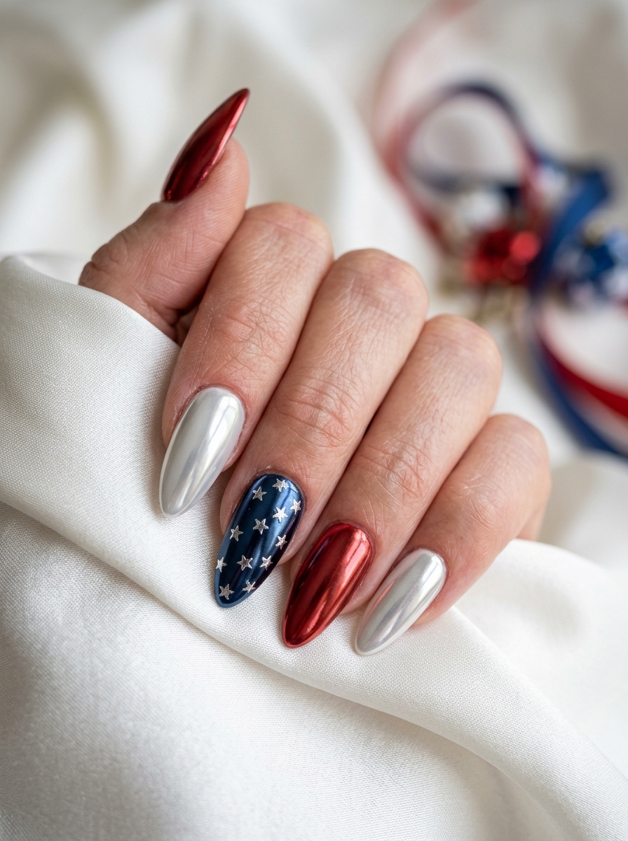Chrome metallic red and silver with a star nail - July Nail Designs