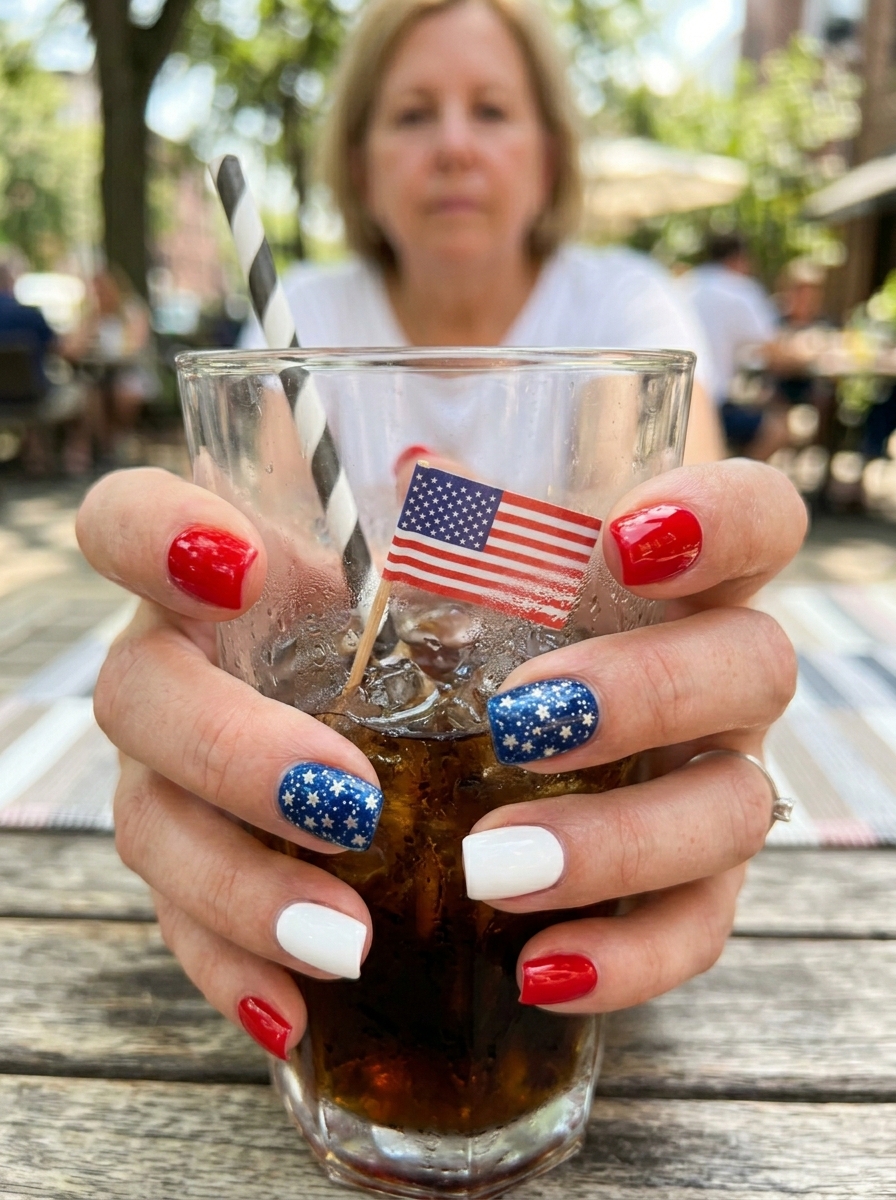 Classic glossy red, white and navy with a flag accent - July Nail Designs