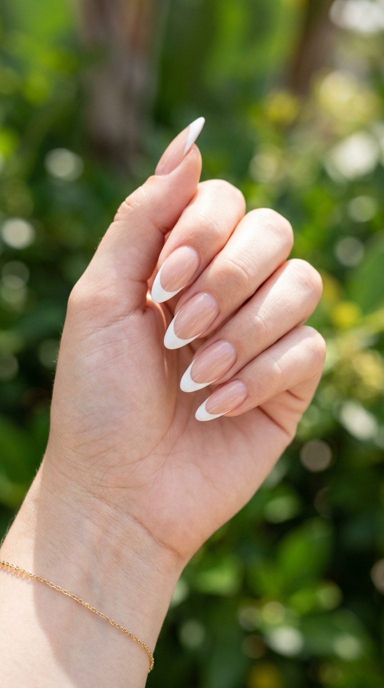 Classic white French almond nail design
