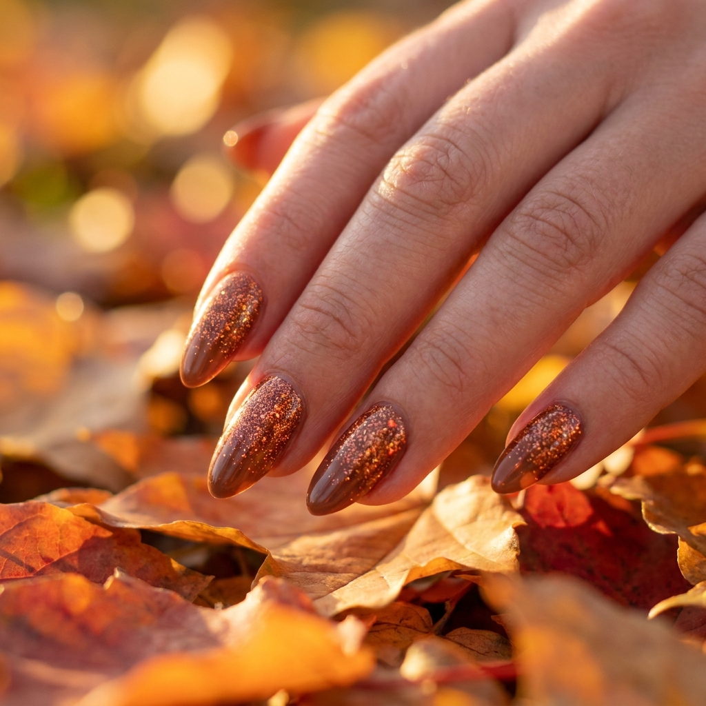 Almond nails in deep copper and bronze glitter among autumn leaves