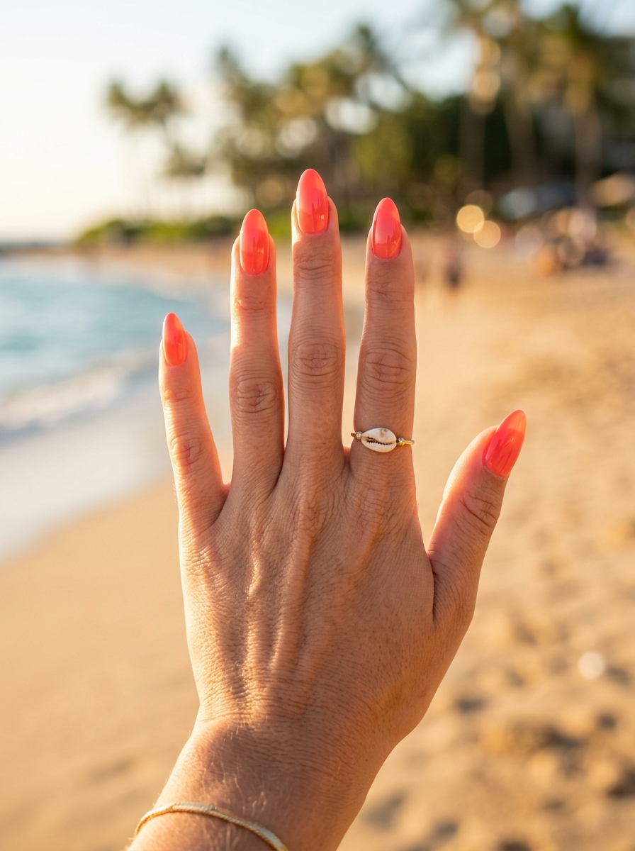Coral sunset orange almond nail design