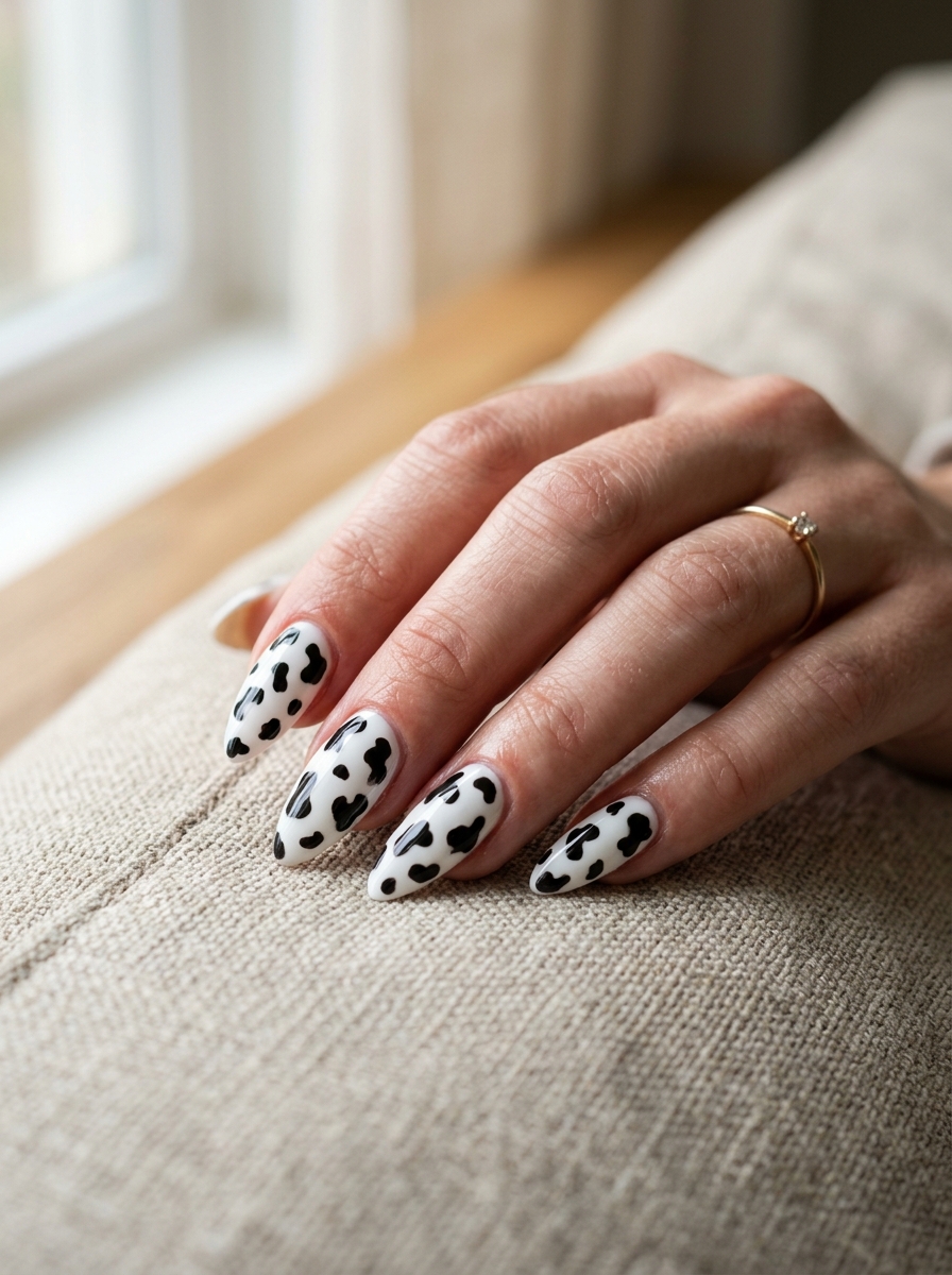 Cow print almond nail design