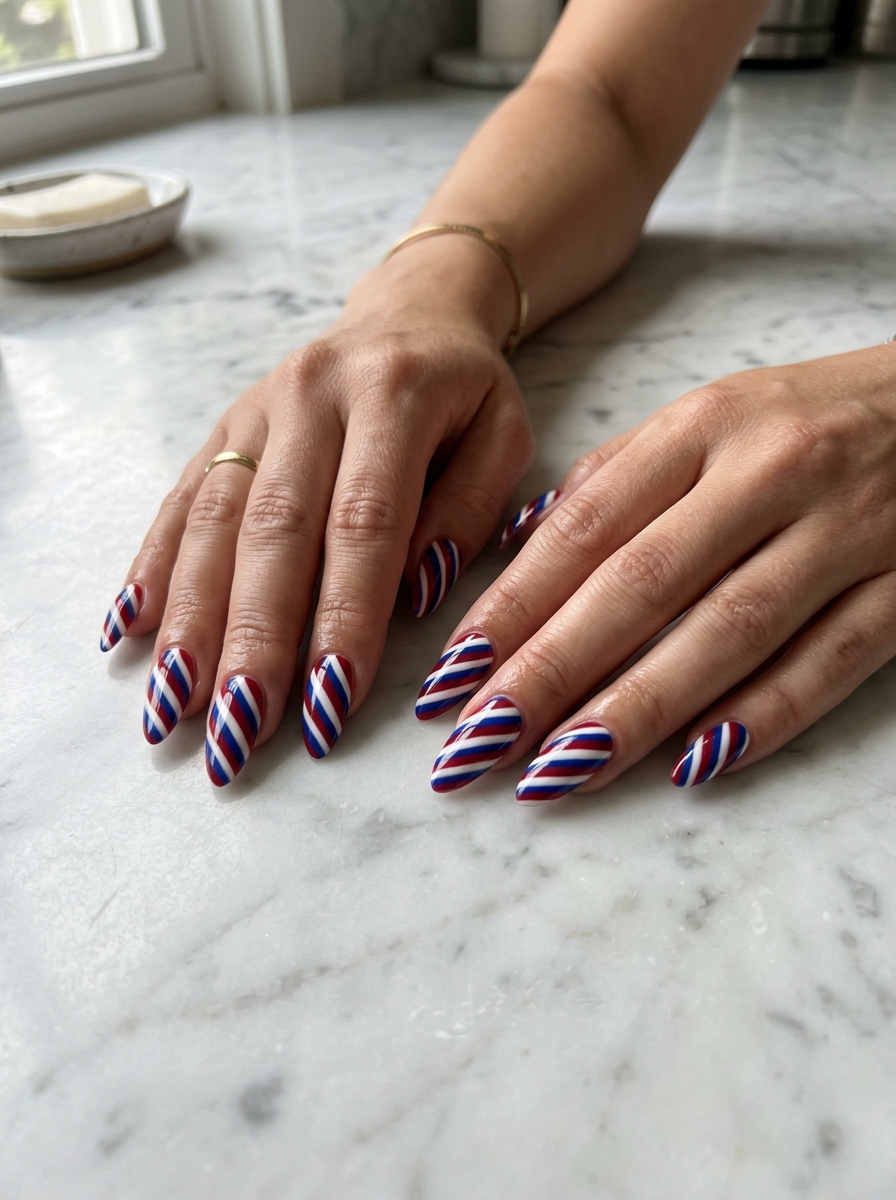 Diagonal Red, White, and Blue Stripe Nails - 4th of July Nail Ideas