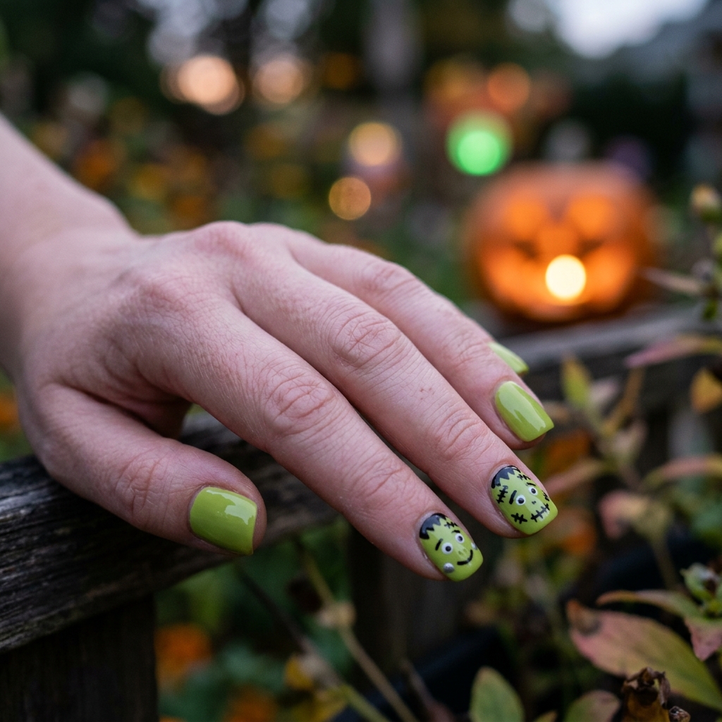 Short lime green nails with two hand-painted Frankenstein face accents