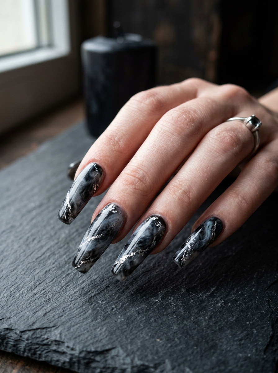Dramatic Black Marble - Abstract Nail Designs