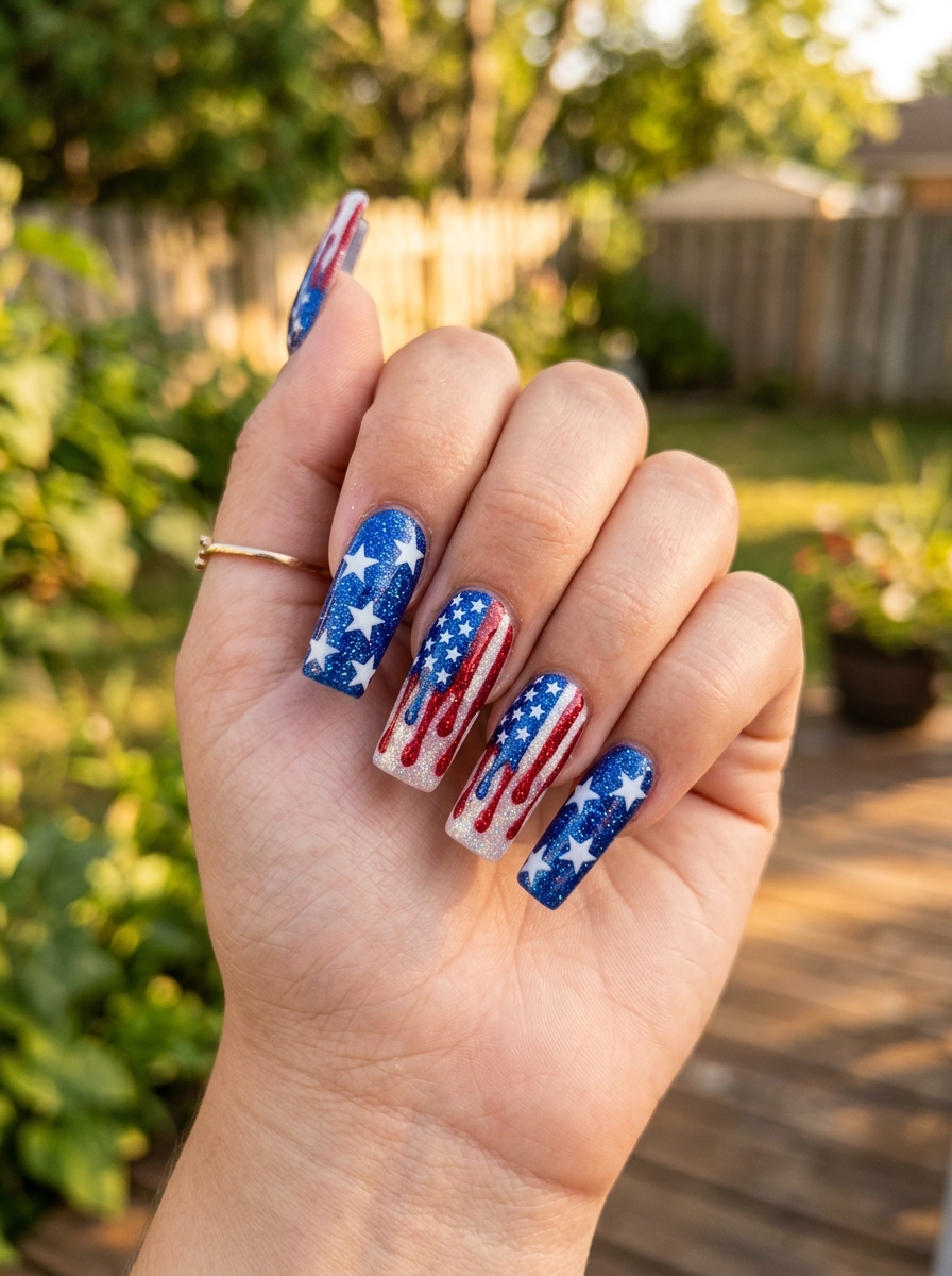 Dripping Flag Glitter Nails - 4th of July Nail Ideas