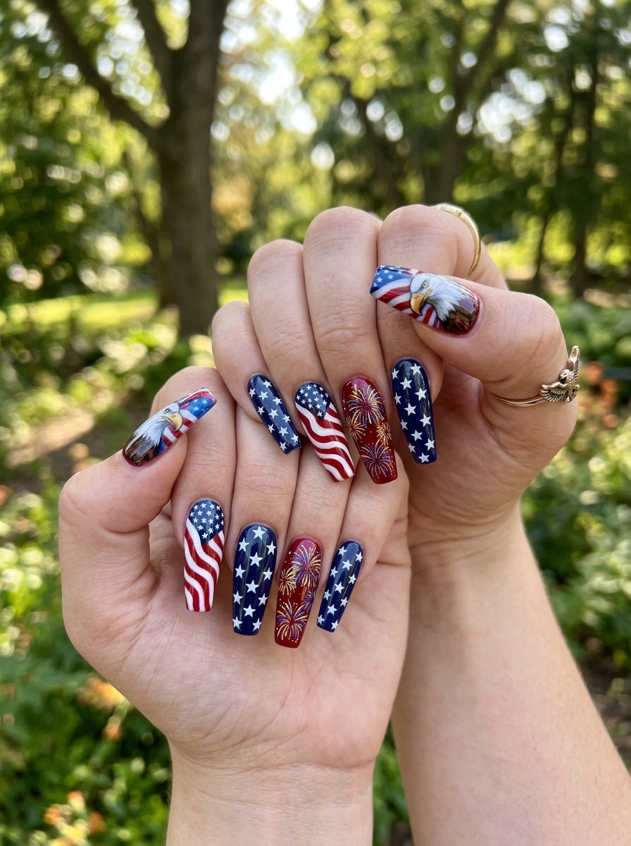 Eagle and Firework Accent Nails - 4th of July Nail Ideas