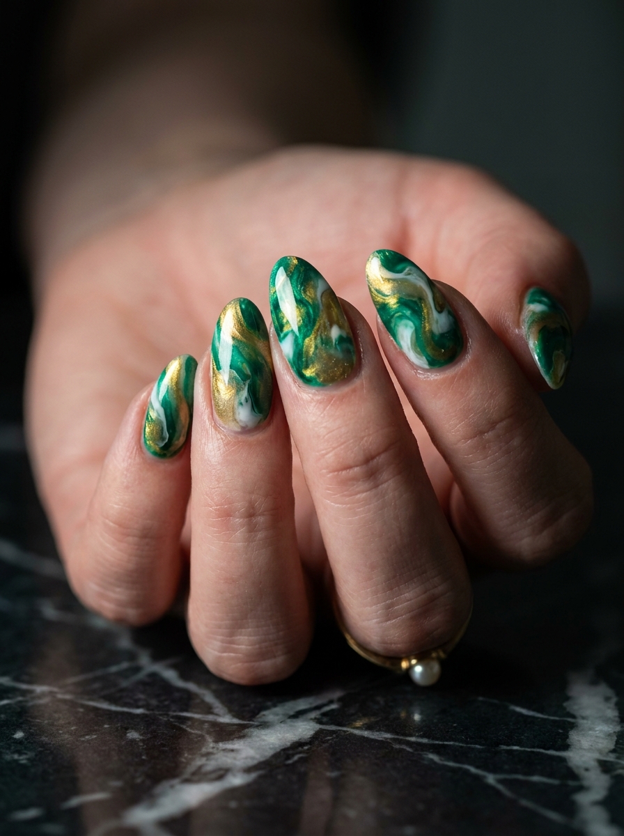 Emerald and Gold Marble - Abstract Nail Designs