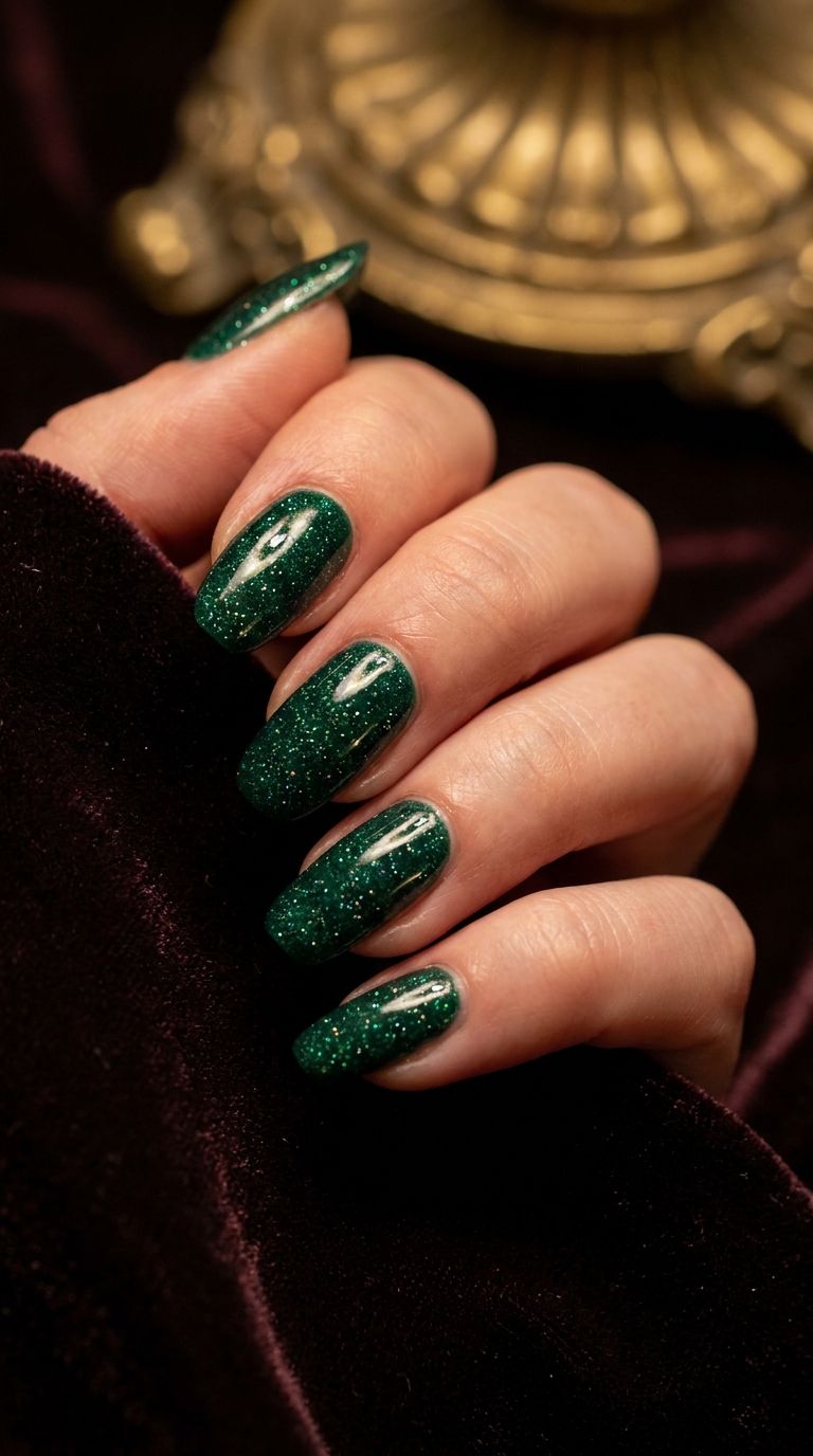 Emerald green glitter almond nail design