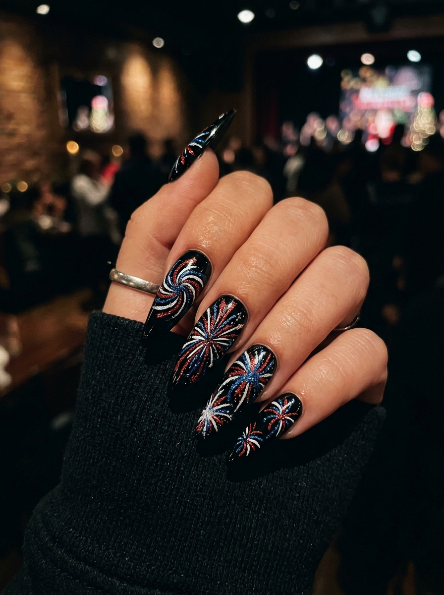 Firework Burst Nails on Black - 4th of July Nail Ideas
