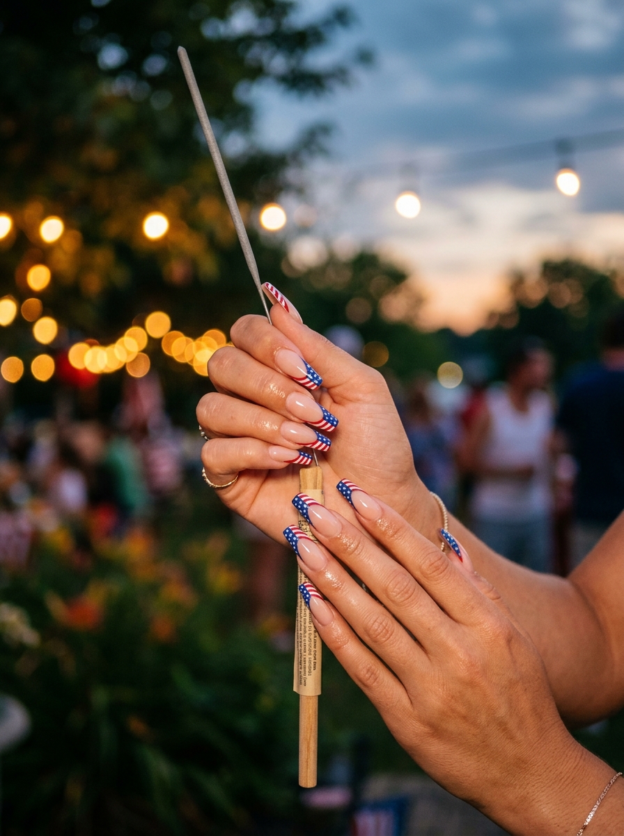 Flag French Tips on a Nude Base - 4th of July Nail Ideas