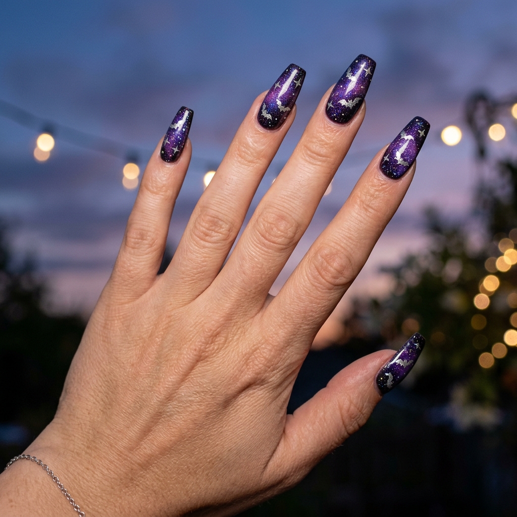 Purple galaxy glitter coffin nails with silver bat silhouettes