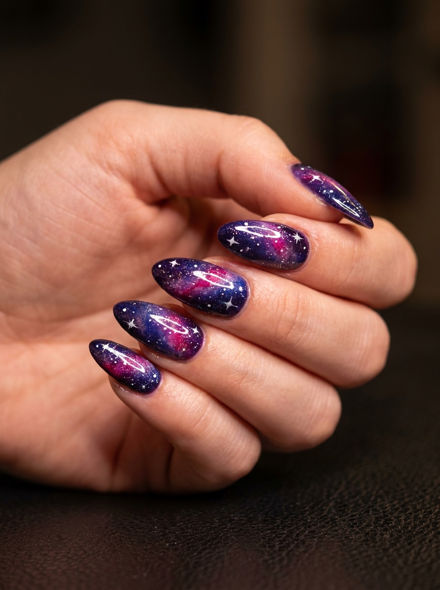 Galaxy nails almond nail design