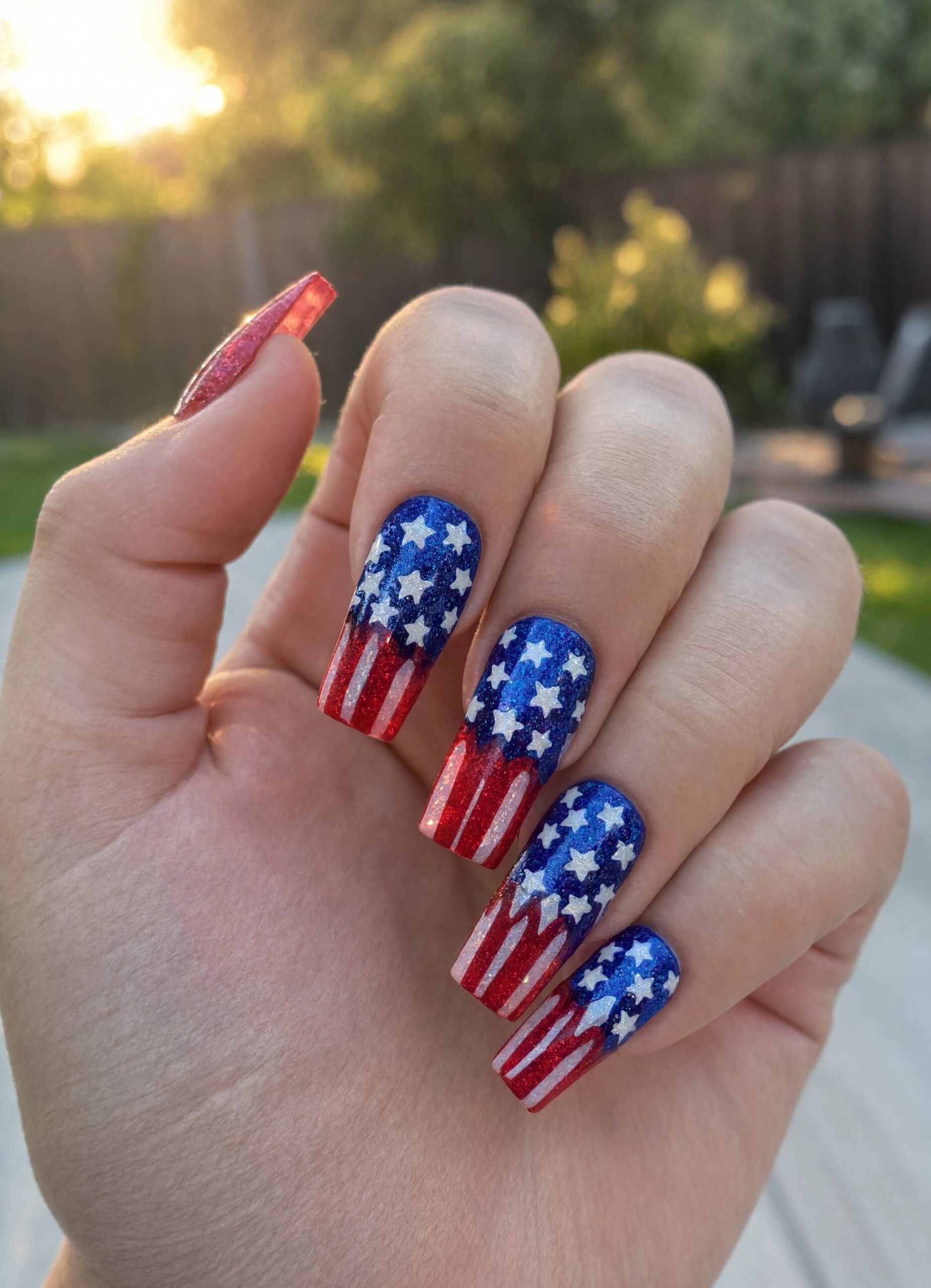 Glitter coffin flag ombre - July Nail Designs