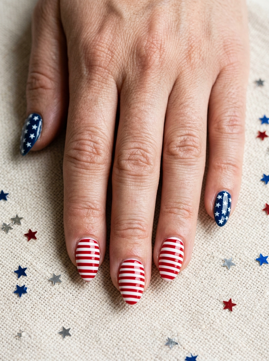 Glitter tips with a navy star accent - July Nail Designs