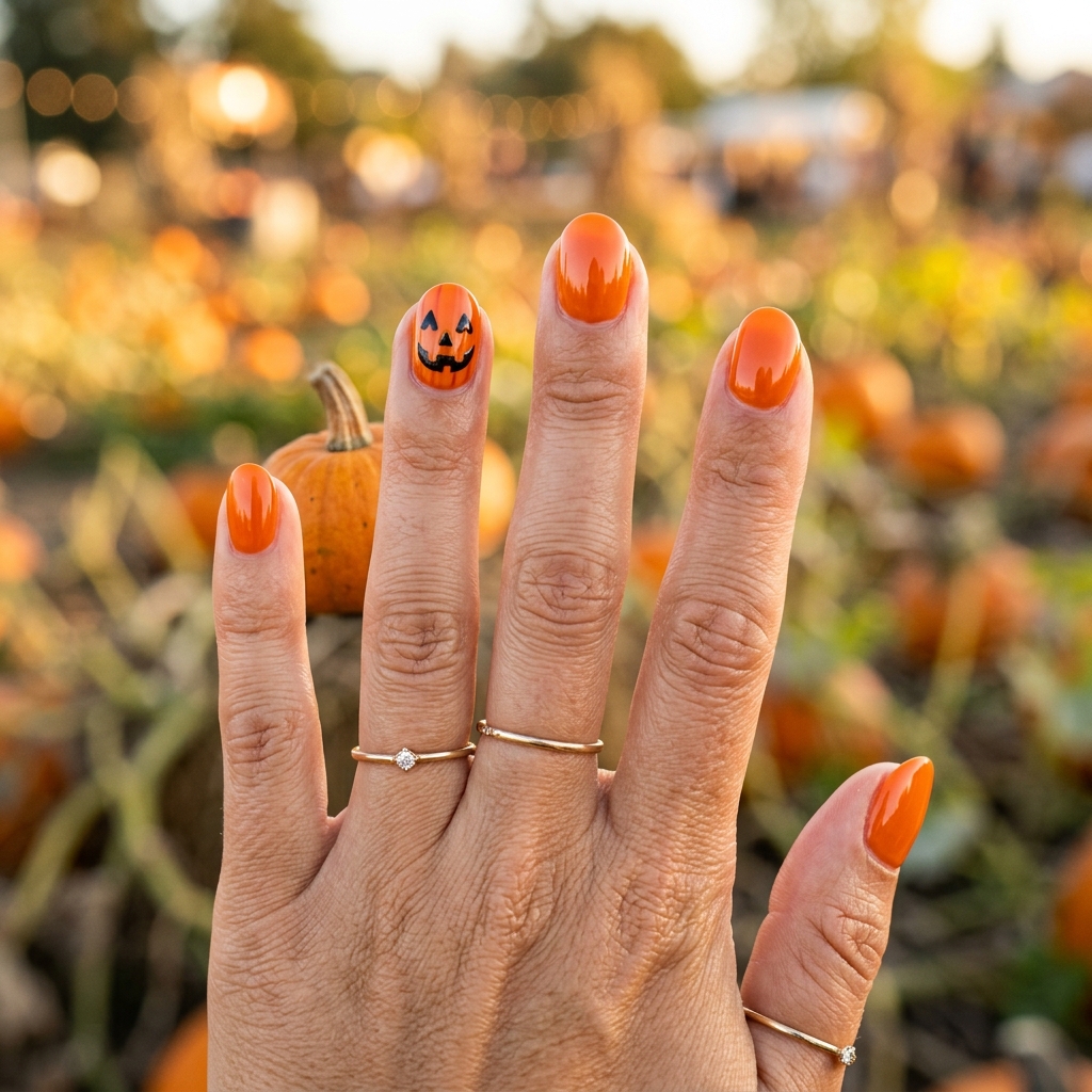 Glossy orange nails with a single hand-painted jack-o-lantern accent