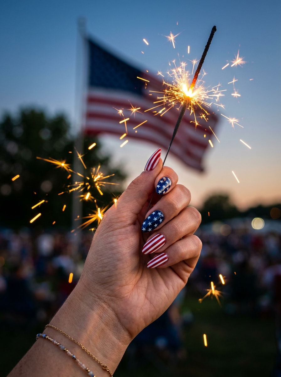 Glossy stars and stripes for the sparkler shot - July Nail Designs