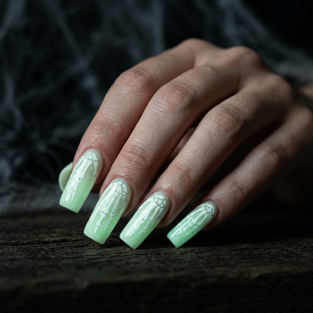 Long square nails with a glowing mint-green ombre and white skeleton hand art