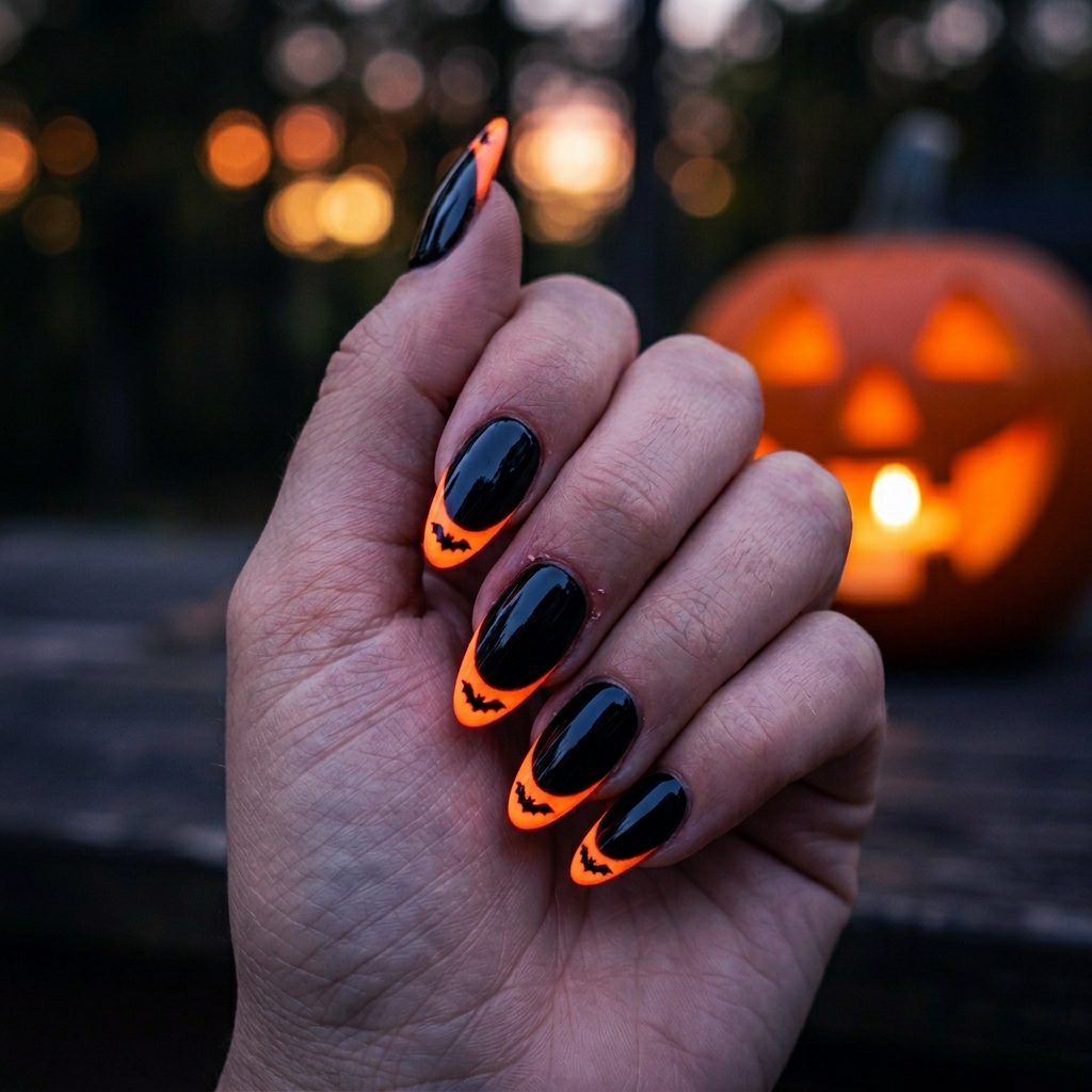 Black almond nails with neon orange bat-detailed French tips in front of a glowing pumpkin