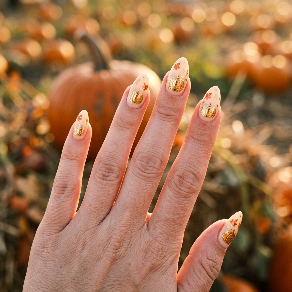 Nude almond nails with gold 3D pumpkin charms and tiny fall leaf decals
