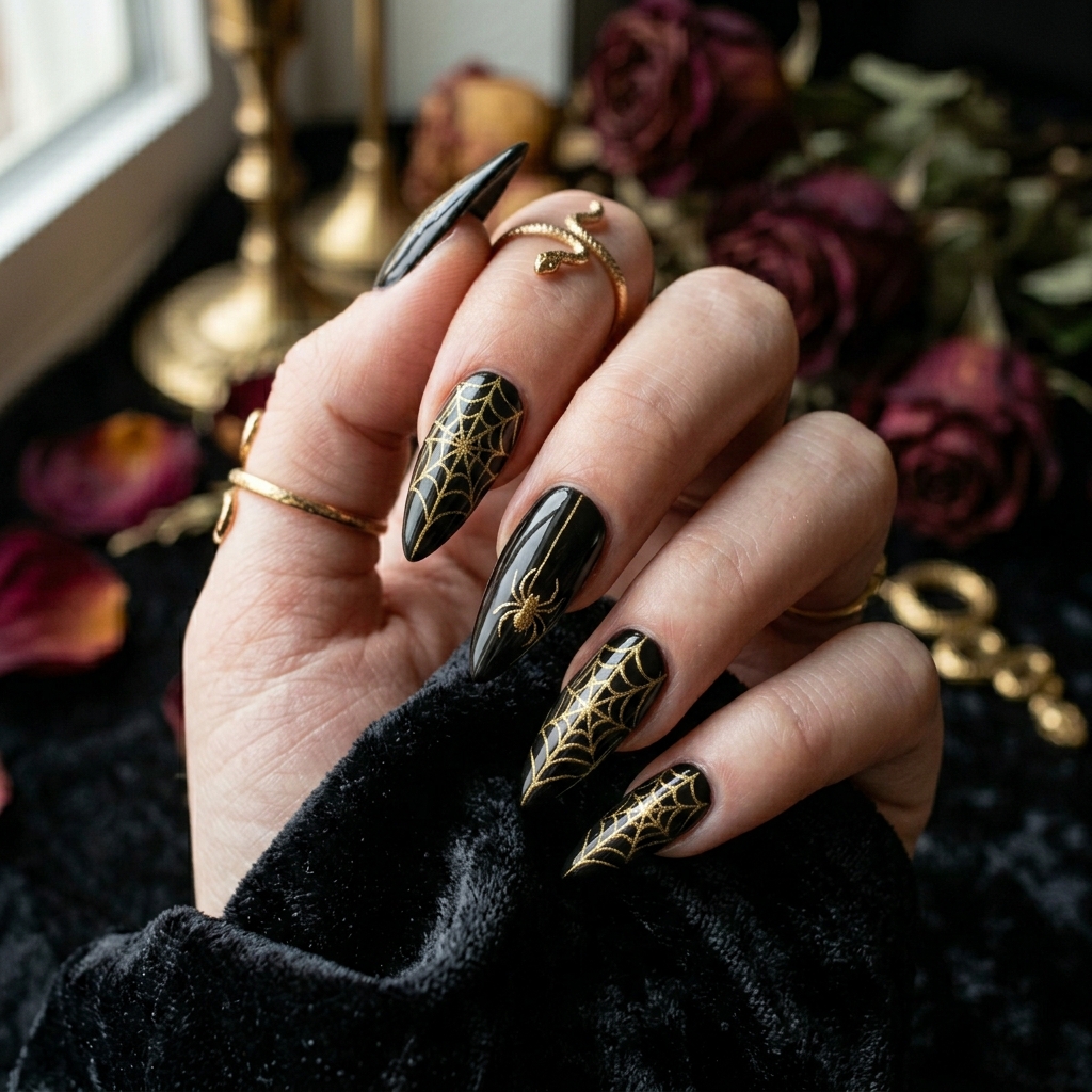Black stiletto nails with a gold spider web and a 3D gold spider charm