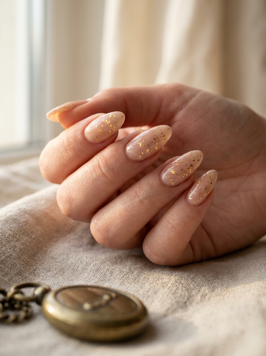 Gold-flake nude almond nail design