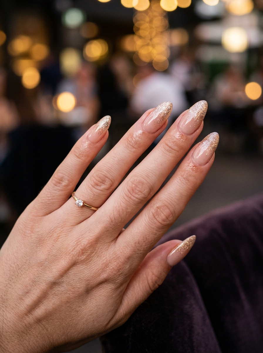 Gold glitter ombré almond nail design