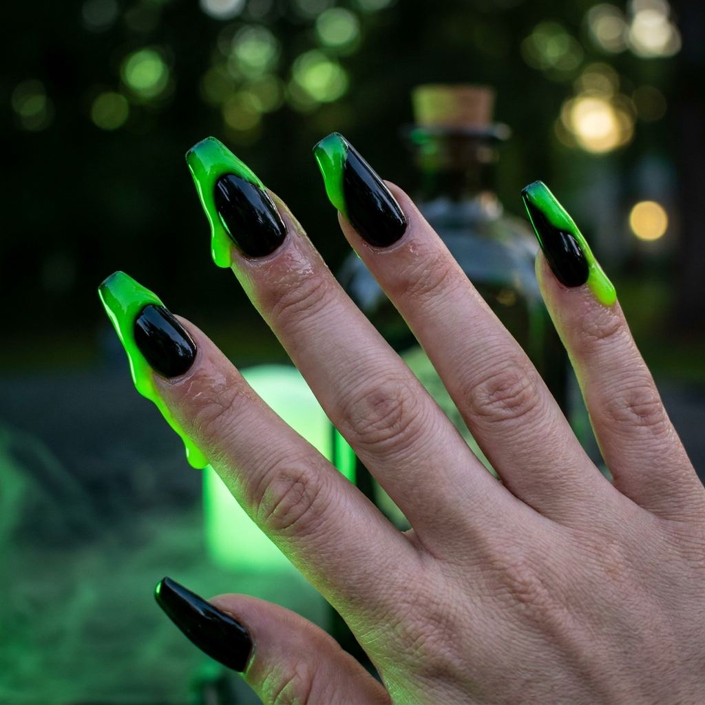 Black coffin nails with neon green slime dripping from the tips