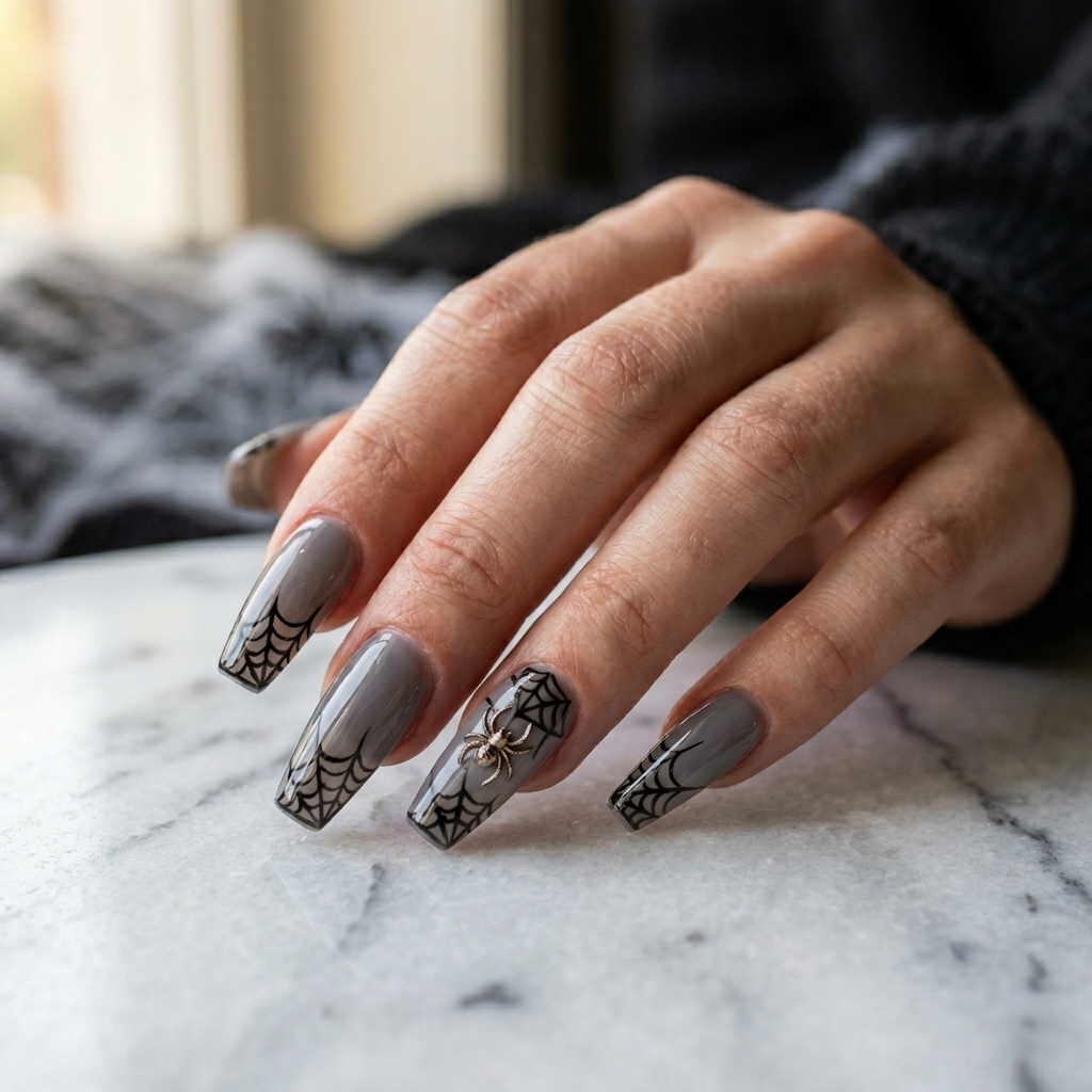 Grey chrome coffin nails with black webs and a 3D spider on the accent nail