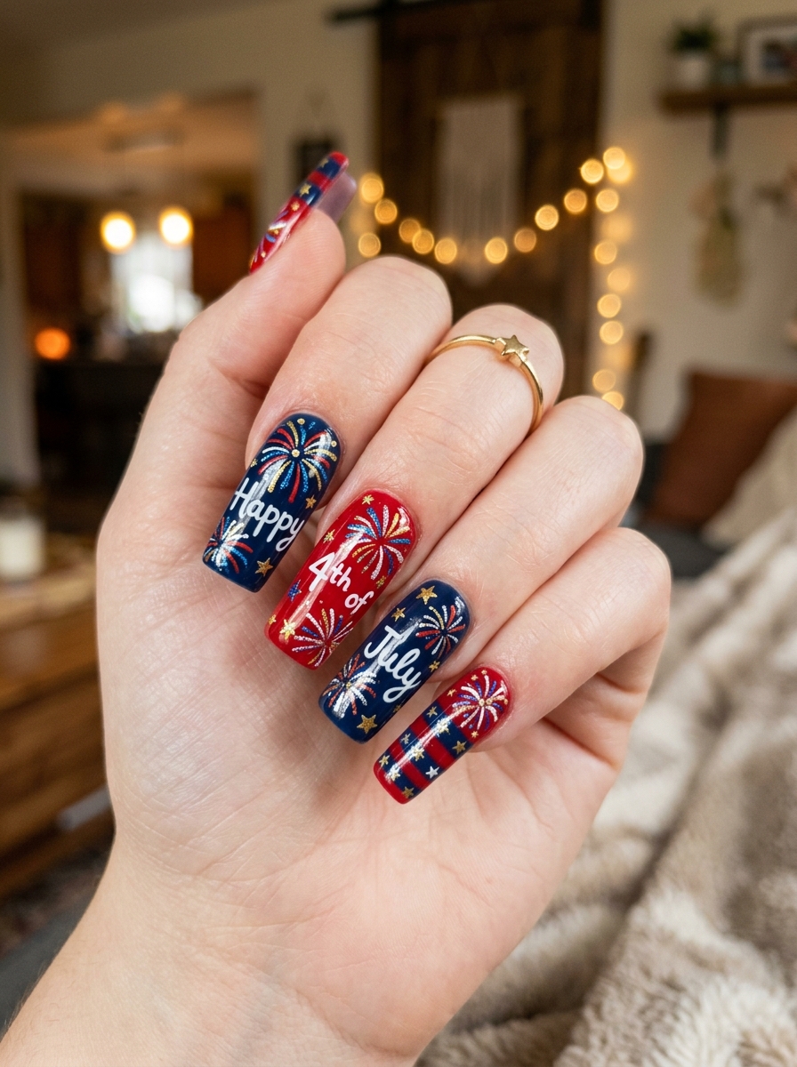 Happy 4th of July Lettering Nails - 4th of July Nail Ideas