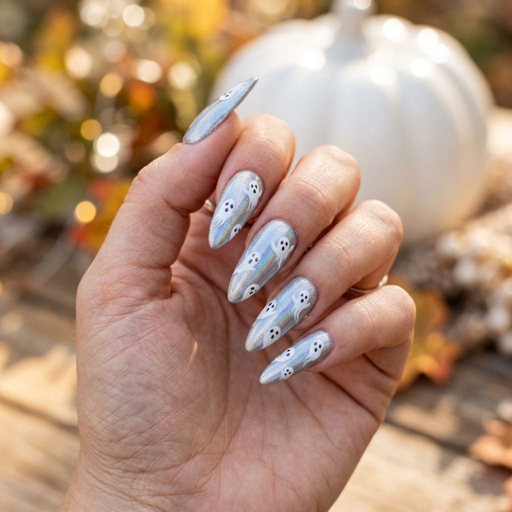 Almond nails in holographic silver with white ghost decals