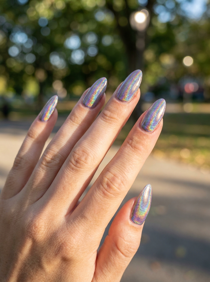 Holographic rainbow almond nail design