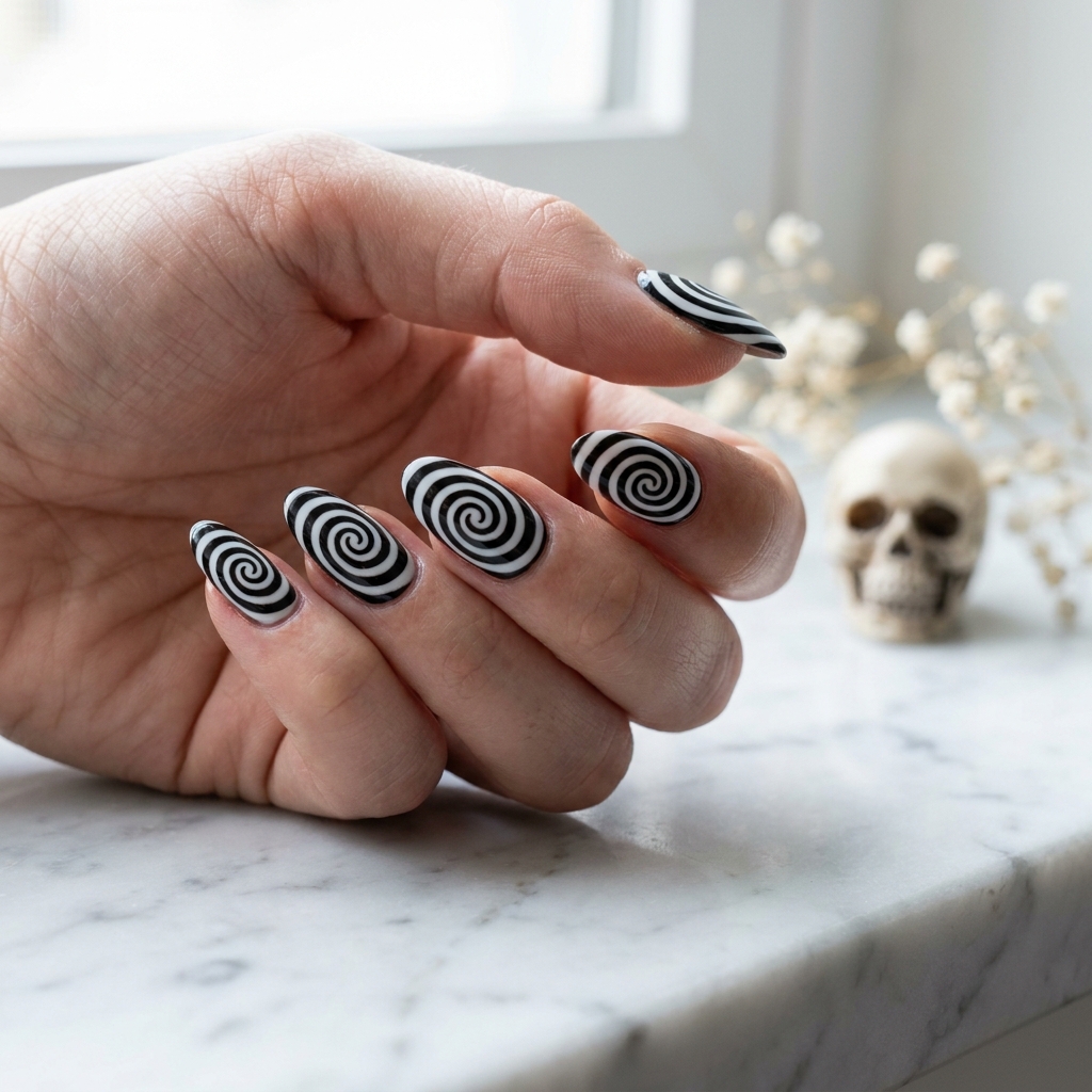 Almond nails with a black and white hypnotic spiral swirl pattern