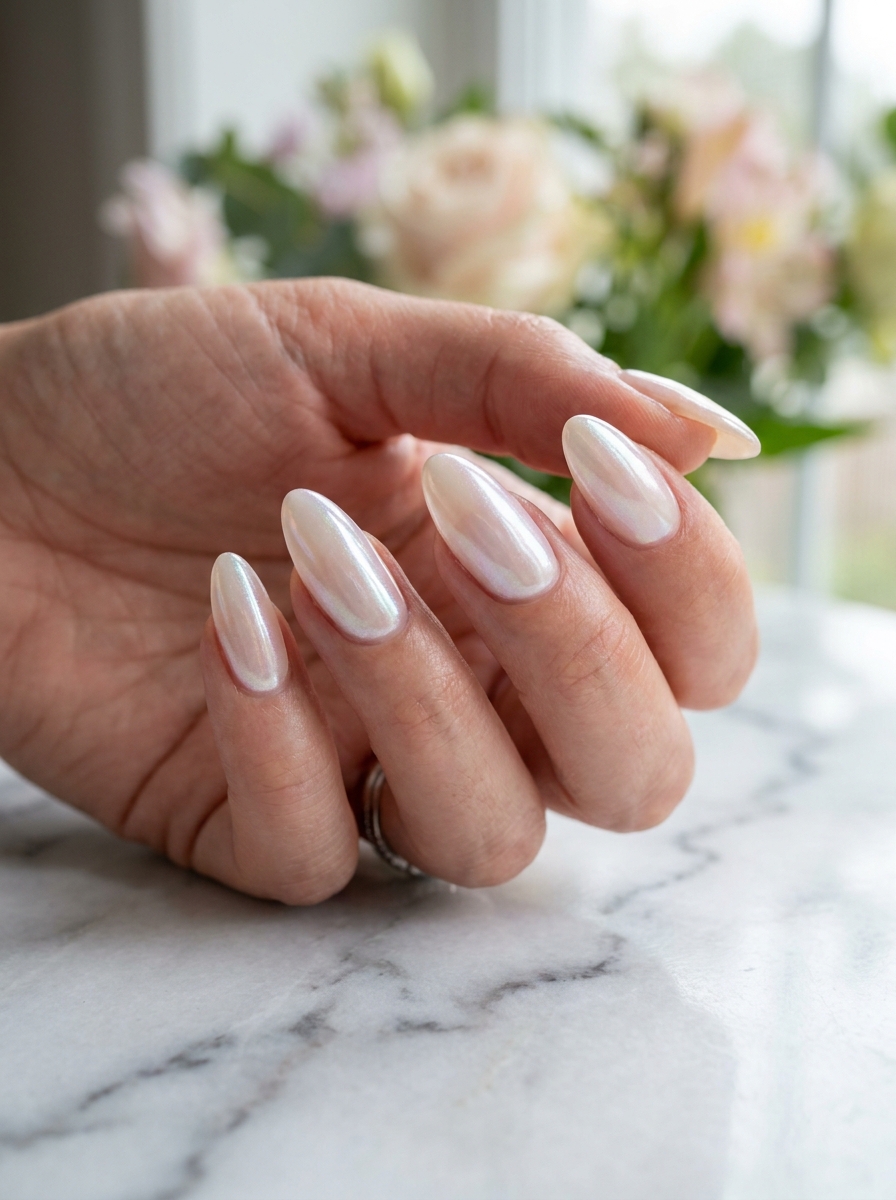 Iridescent pearl almond nail design