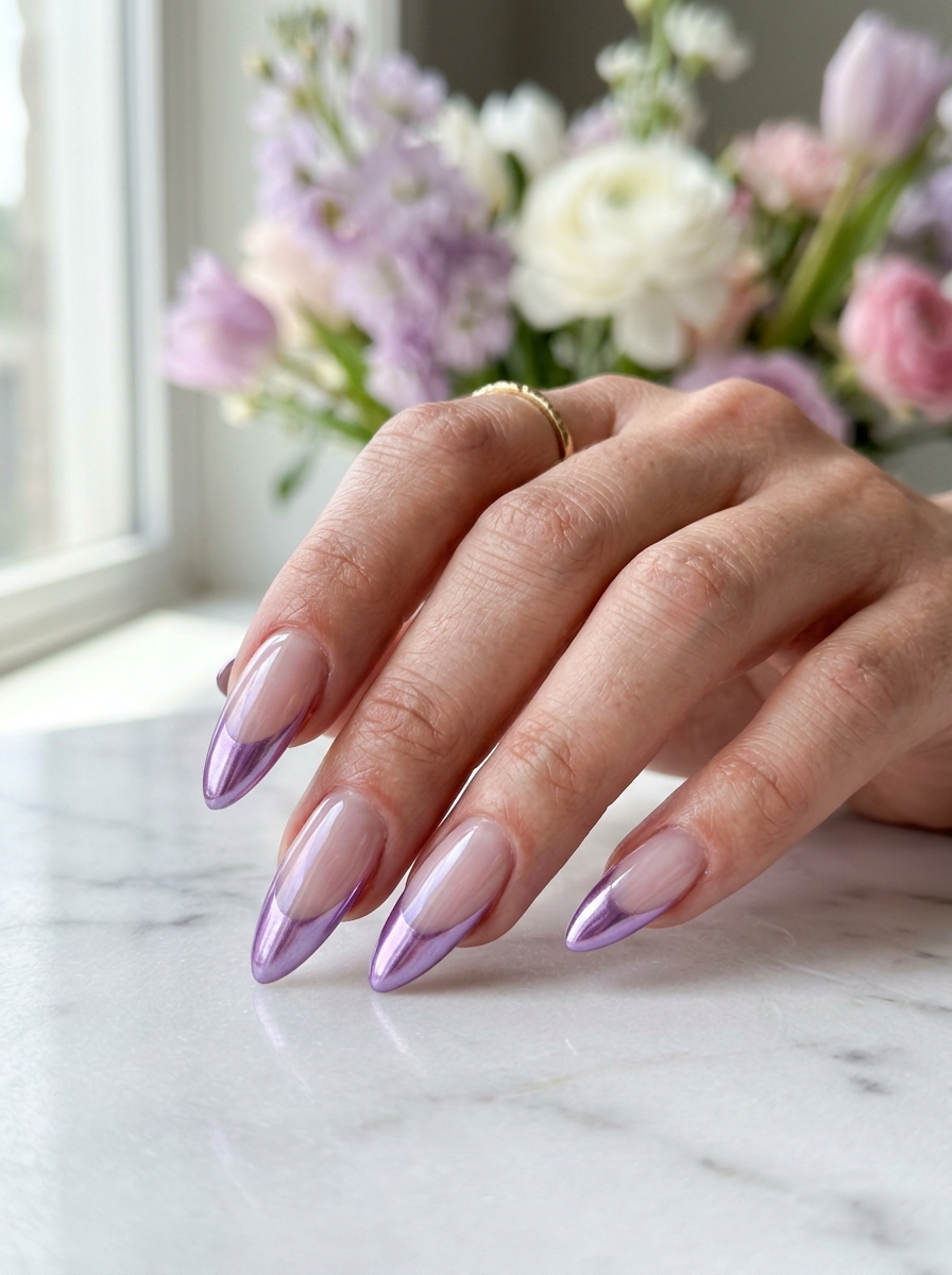 Lilac chrome French tips almond nail design