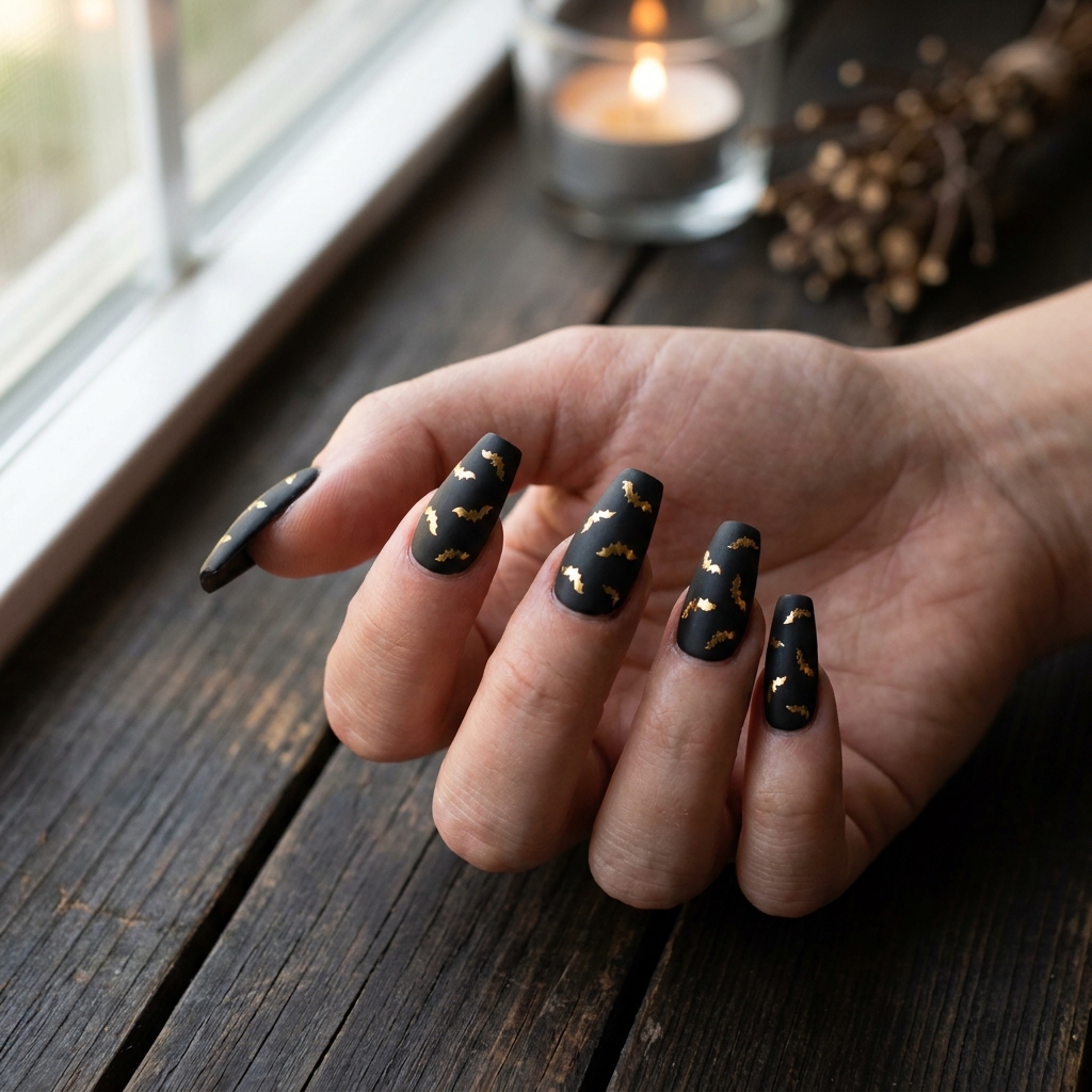 Matte black coffin nails covered in scattered gold foil bats